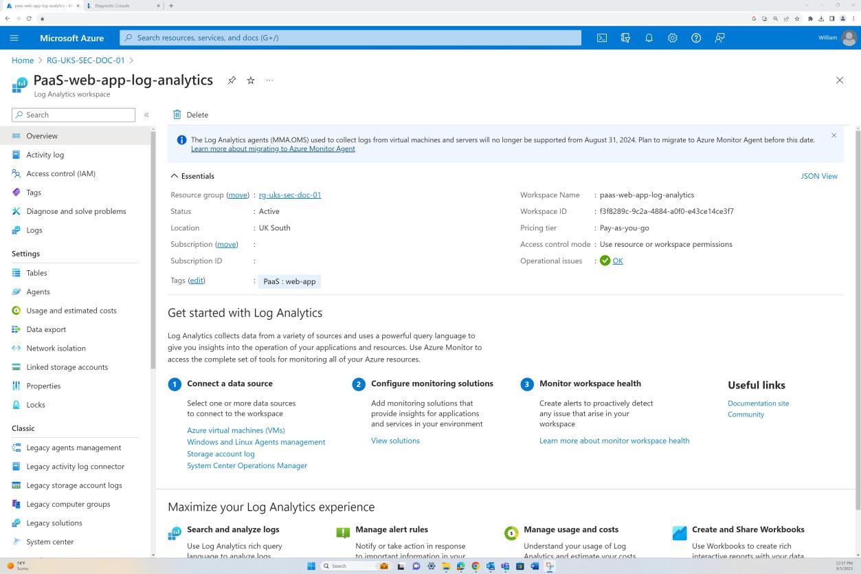 Página de descrição geral do local de trabalho do Log Analytics do Microsoft Azure.