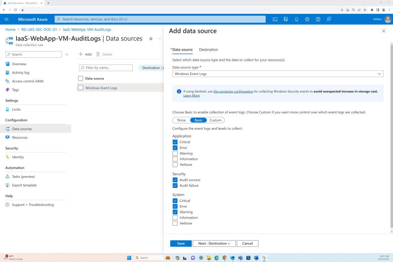 Página de configuração de origens de dados do Microsoft Azure.