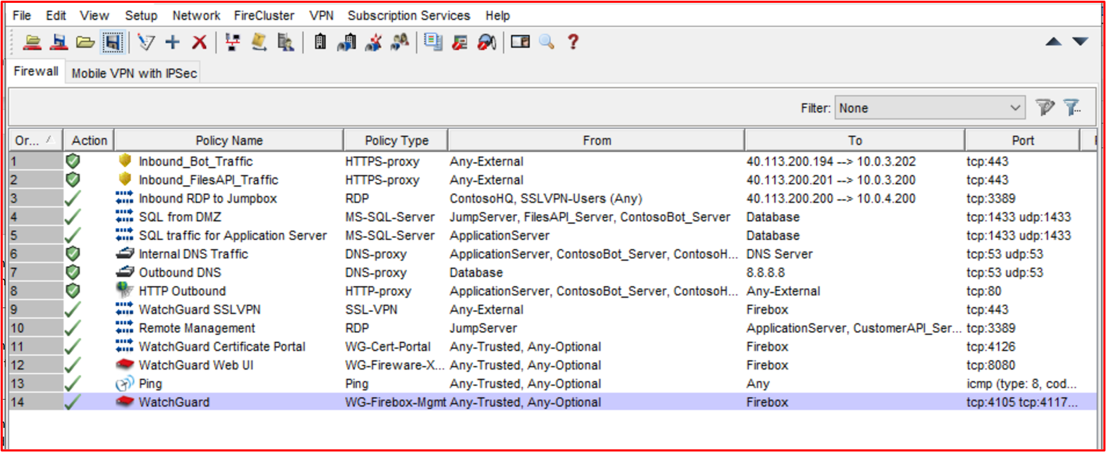 captura de ecrã de três regras de entrada, cada uma com as sub-redes NAT para 10.0.3.x e 10.0.4.x, que são as sub-redes DMZ