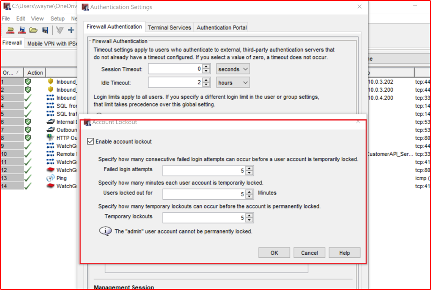 Definições de Bloqueio de Conta para uma Firewall do WatchGuard