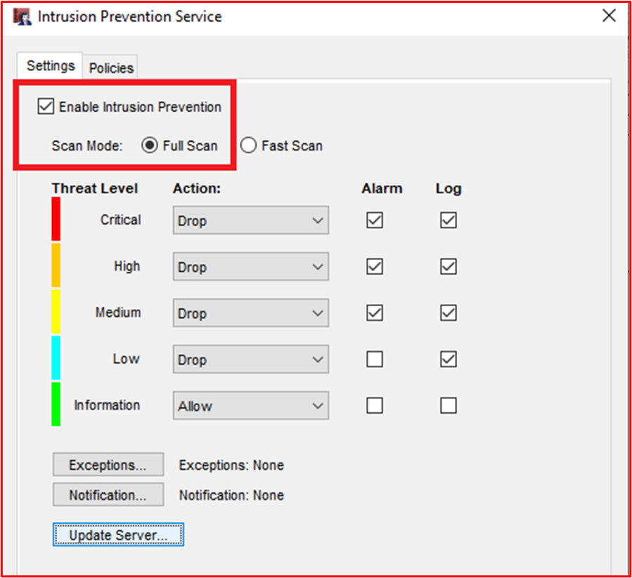 captura de ecrã a mostrar que a funcionalidade IDPS está ativada na Firewall do WatchGuard.