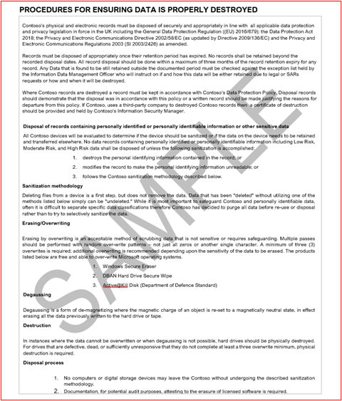 Captura de ecrã do Plano de Retenção de Dados da Contoso a partir do Controlo 7