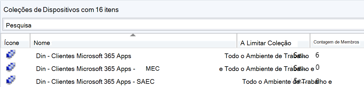 Uma captura de ecrã do Configuration Manager a mostrar três coleções.