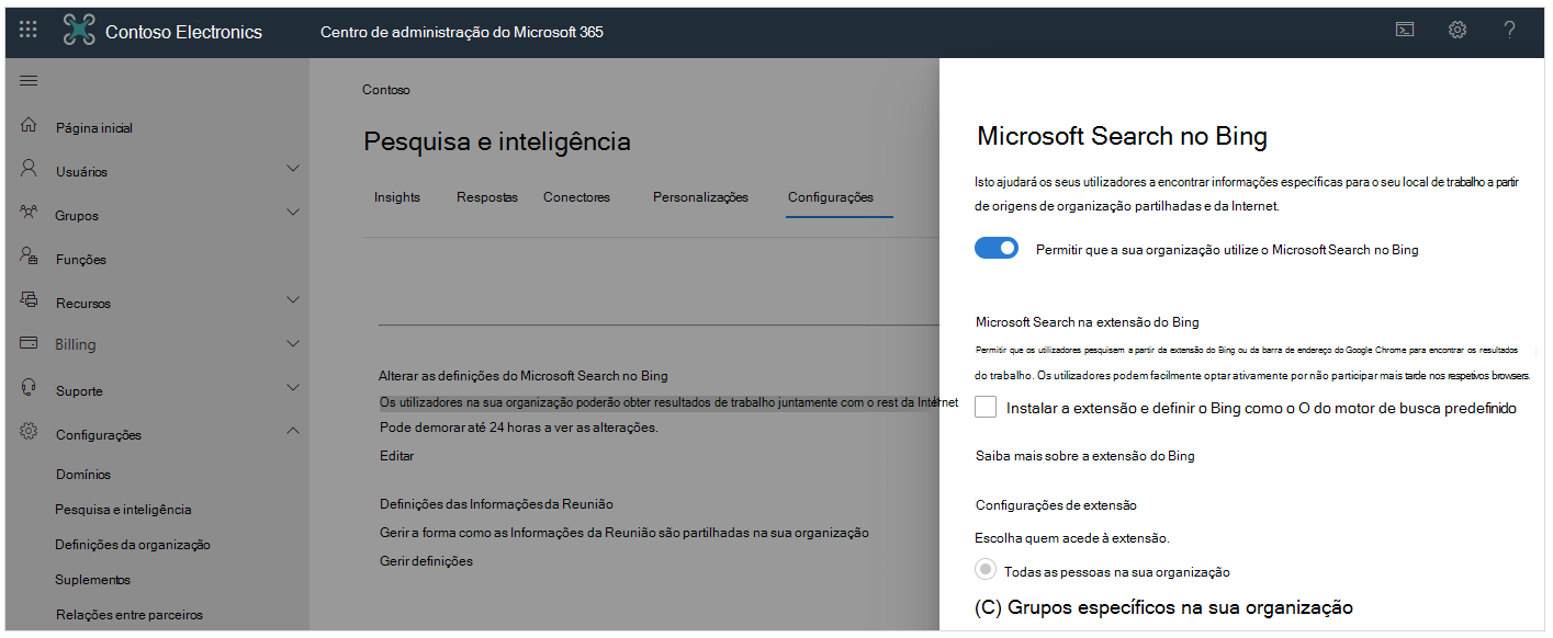 Uma captura de ecrã das definições de Centro de administração do Microsoft 365 para configurar o Microsoft Search no Bing, incluindo definições de extensão e configurações de resultados da pesquisa.