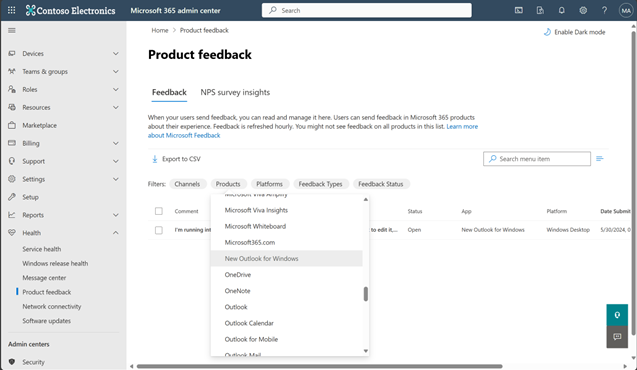 Centro de administração do Microsoft 365 página Comentários do produto a mostrar opções para selecionar produtos, como o Novo Outlook para Windows.