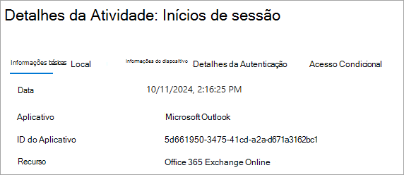 Captura de ecrã da janela Detalhes da Atividade: inícios de sessão a mostrar as entradas do ID da Aplicação e da Aplicação.