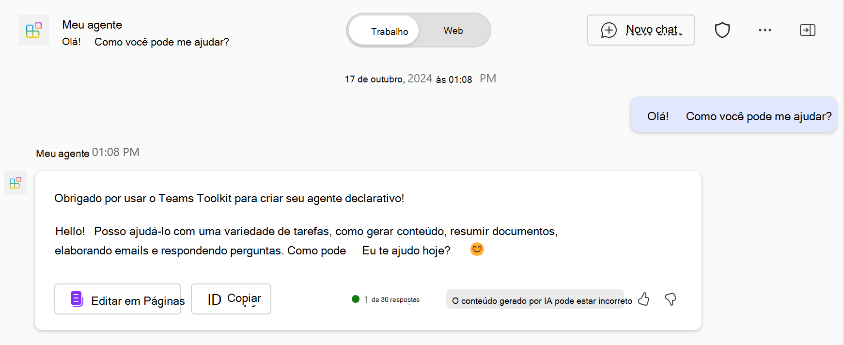 Uma captura de ecrã de uma resposta do agente declarativo no Microsoft 365 Copilot