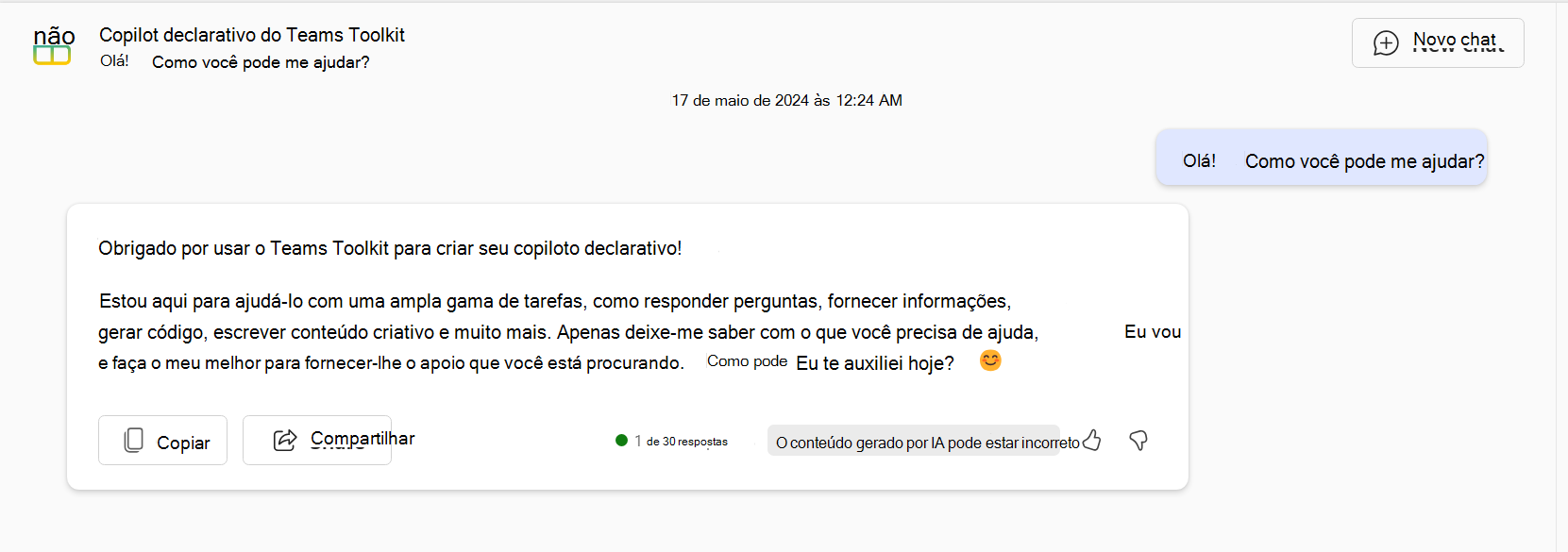 Captura de ecrã a mostrar a resposta do agente declarativo no Microsoft 365 Copilot.