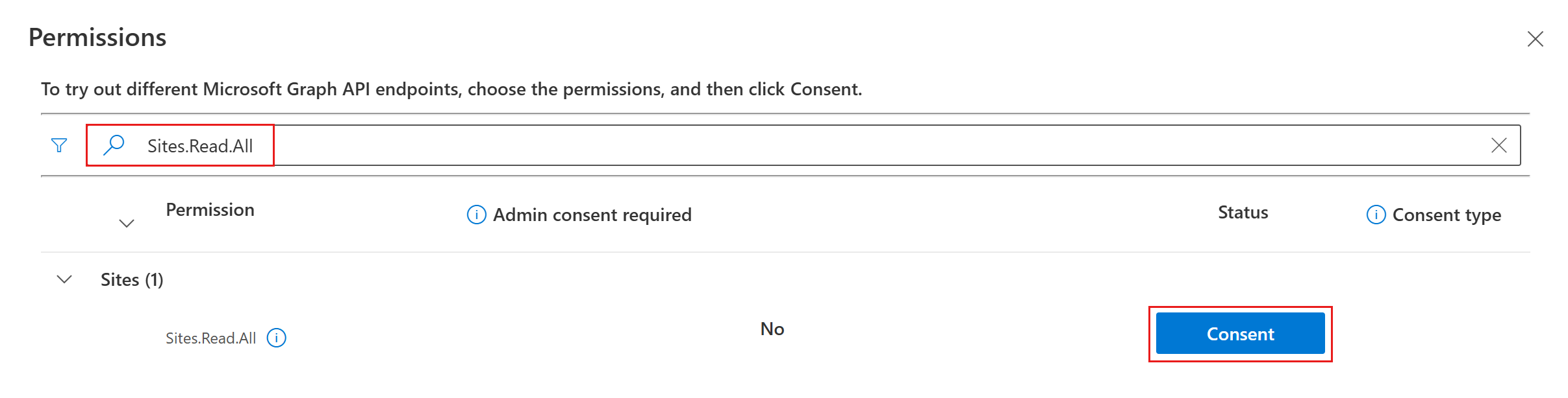 Uma captura de ecrã da caixa de diálogo de consentimento de permissão do Graph Explorer com Sites.Read.All