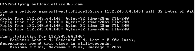 Ping de outlook.office365.com mostrando a resolução em outlook-namnorthwest.