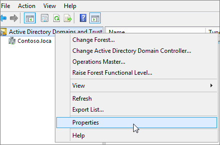 Clique com o botão direito do mouse em Domínios e Confianças do Active Directory e escolha Propriedades.