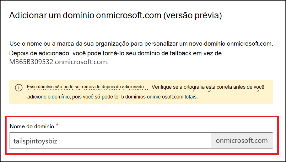 Captura de ecrã a mostrar a página Adicionar domínio onmicrosoft.