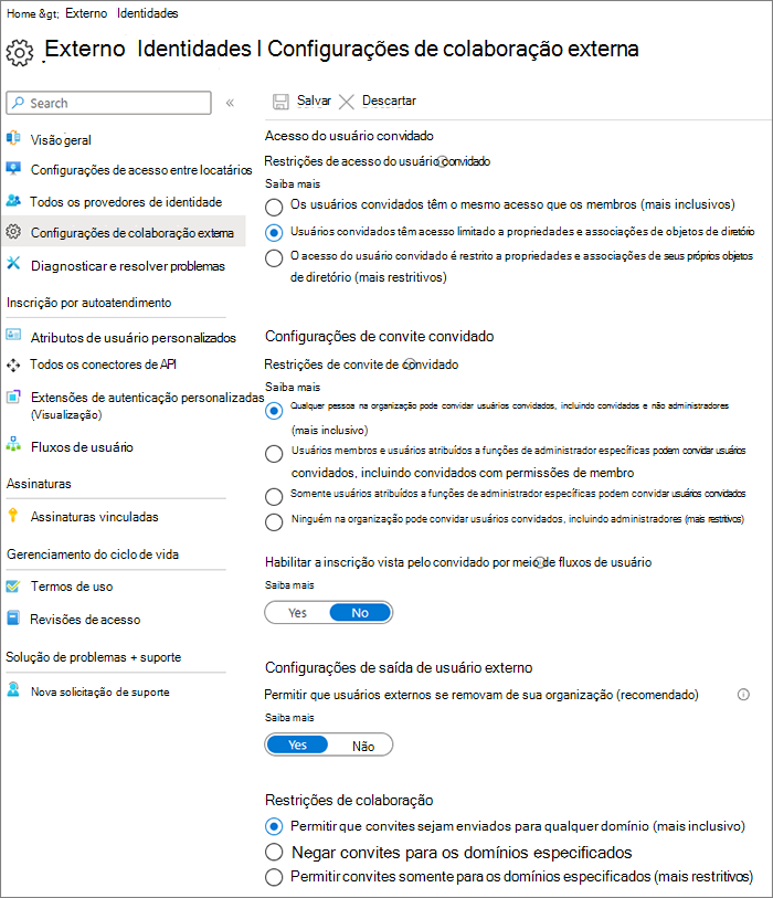 Captura de ecrã da página Definições de Relações Organizacionais do Microsoft Entra.