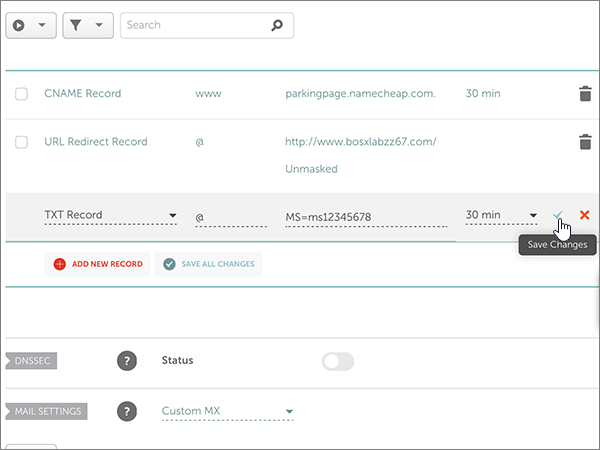 Captura de tela do controle Salvar Alterações para o registro TXT de verificação de domínio.