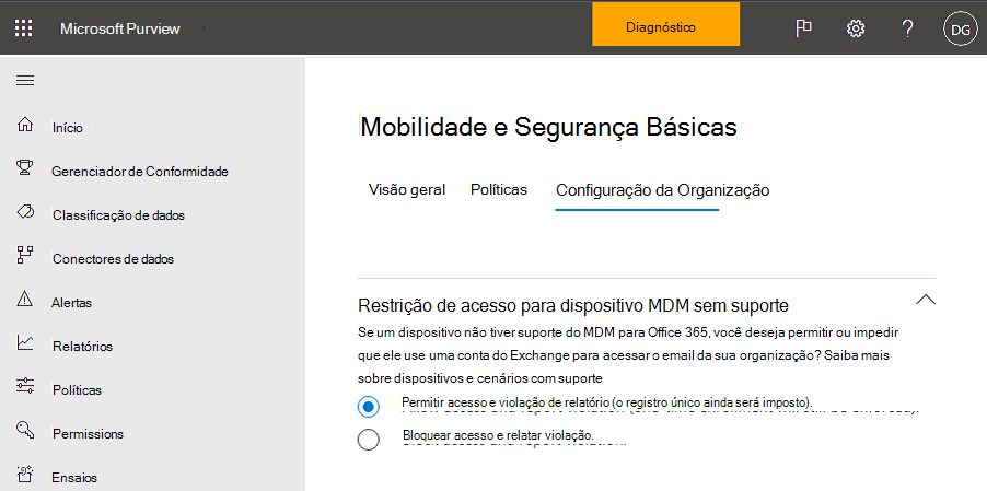 Opção básica de acesso a bloqueios de Mobilidade e Segurança.