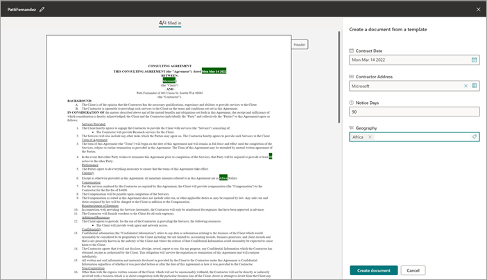 Captura de tela da biblioteca de documentos mostrando o painel Criar um documento de um modelo.