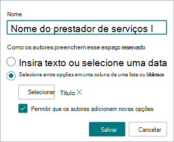 Captura de tela do painel Novo campo mostrando o campo de lista associado ao campo.