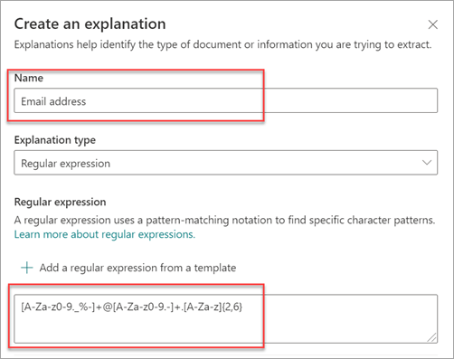 Captura de tela mostrando o painel Criar uma explicação com o modelo de Endereço de email aplicado.