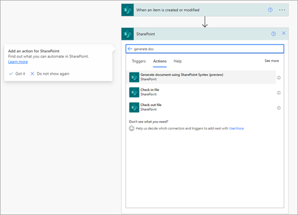 Captura de tela da guia Ações do conector do SharePoint mostrando Gerar documento usando a ação Syntex.