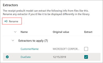 Captura de ecrã do painel Extractors a mostrar como mudar o nome de um extrator.