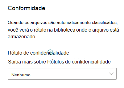 Captura de tela do painel Configurações de modelo mostrando o menu de rótulo de confidencialidade.