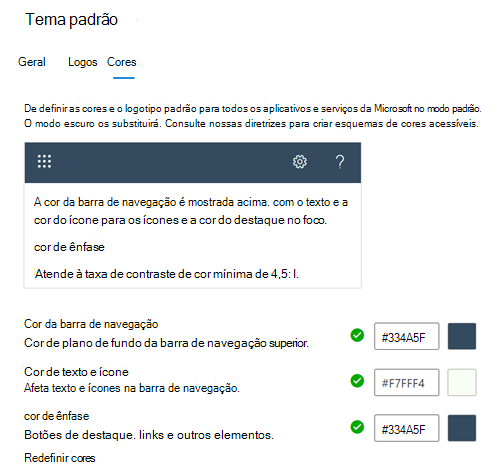 Captura de ecrã: separador Cores a mostrar cores de tema predefinidas para a sua organização