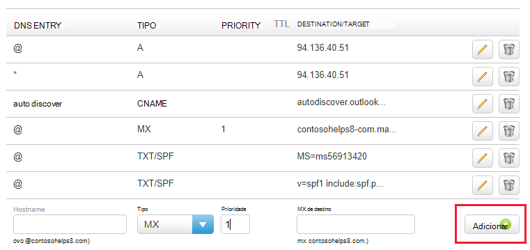 Captura de tela de onde você seleciona Adicionar para adicionar um registro MX.