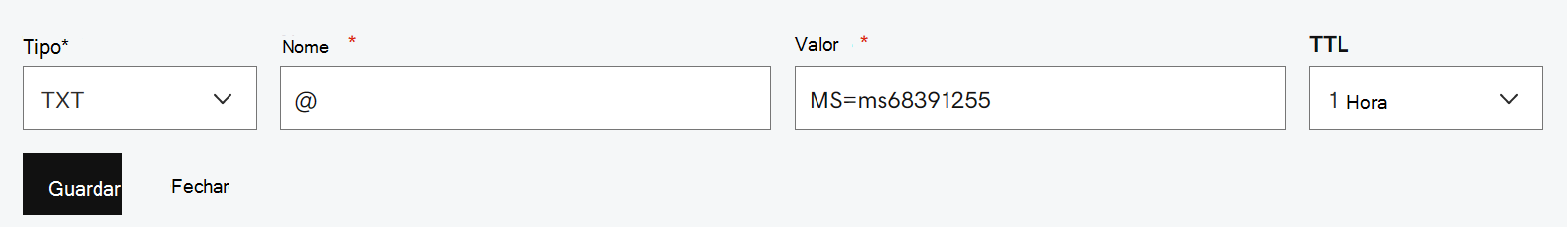 Preencha os valores da tabela para o registro TXT de verificação de domínio.