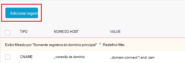 Captura de tela de onde você seleciona Adicionar registro para adicionar um registro TXT de verificação de domínio.