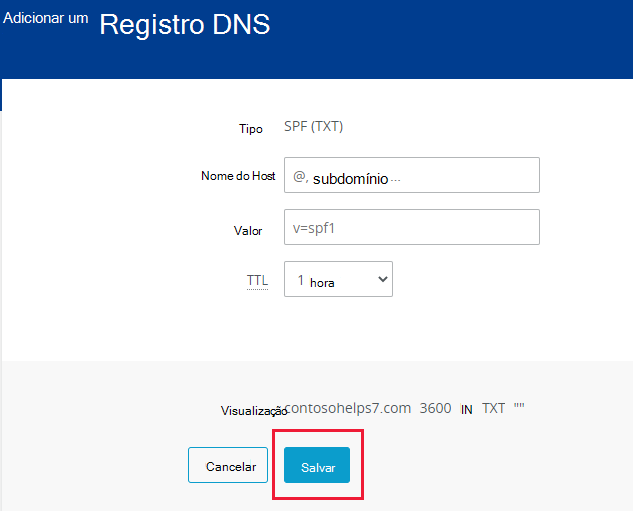 Captura de tela de onde você seleciona Salvar para adicionar um registro TXT SPF.