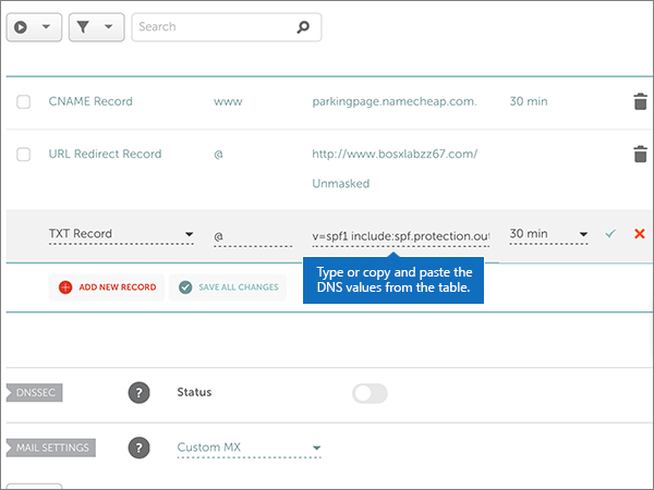 Copie e cole os valores da tabela para o registro TXT do SPF.