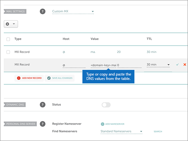 Copie e cole os valores da tabela para o registro MX.