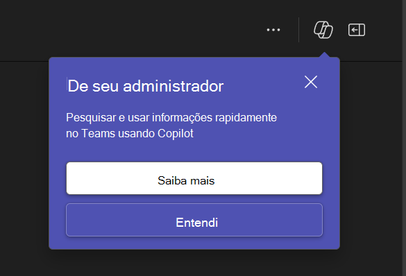 Captura de tela mostrando o pop-up de notificação no Teams do administrador para usar o Copilot.