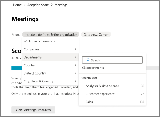 Captura de tela: filtros para insights de nível de grupo na Pontuação de Adoção.