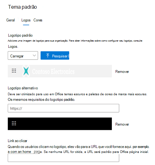 Captura de ecrã: Separador Logótipos a mostrar as opções do logótipo