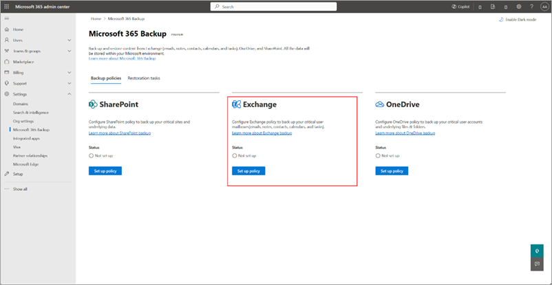 Captura de ecrã da página Backup do Microsoft 365 com o Exchange realçado.