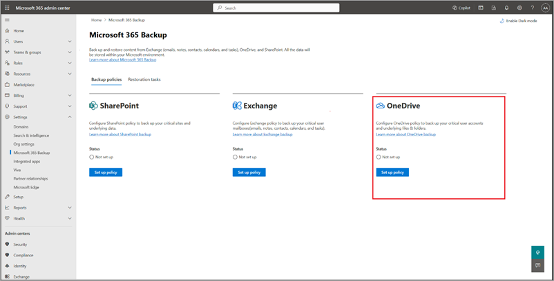 Captura de ecrã da página Backup do Microsoft 365 com o OneDrive realçado.