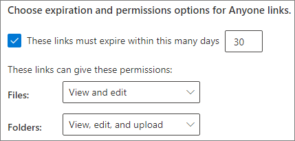 Captura de tela das configurações de expiração de vínculo de qualquer pessoa no nível da organização do SharePoint.