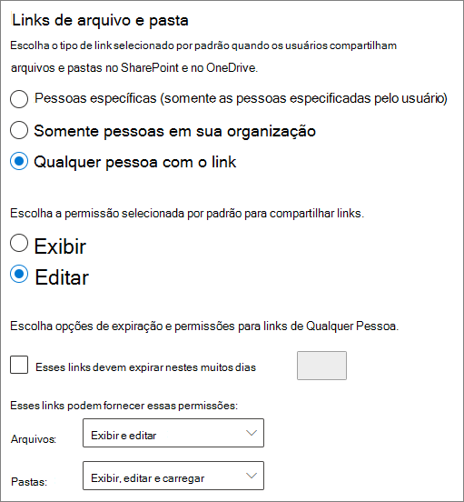 Captura de tela das configurações de compartilhamento de arquivos e pastas do nível da organização do SharePoint.