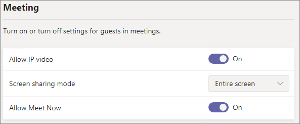 Captura de tela das configurações de reunião de convidado do Teams.
