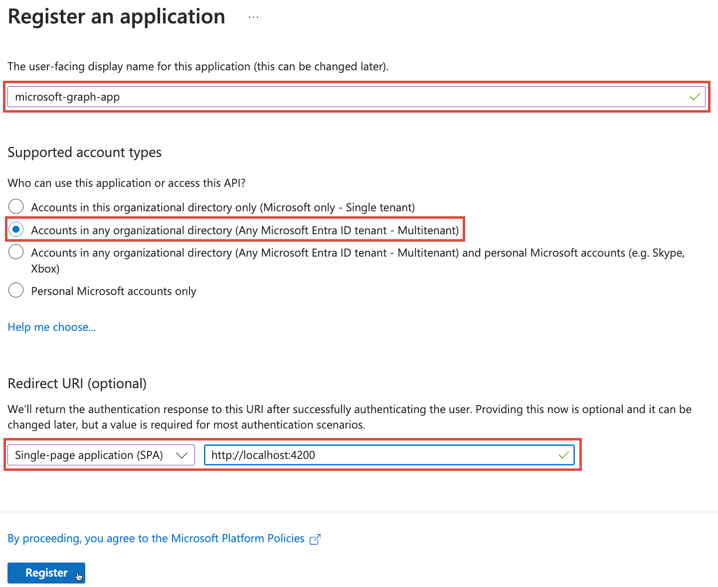 Formulário de registro do aplicativo Microsoft Entra ID