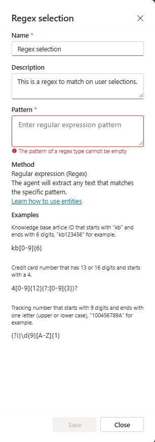 Captura de tela do painel de entidades regex.