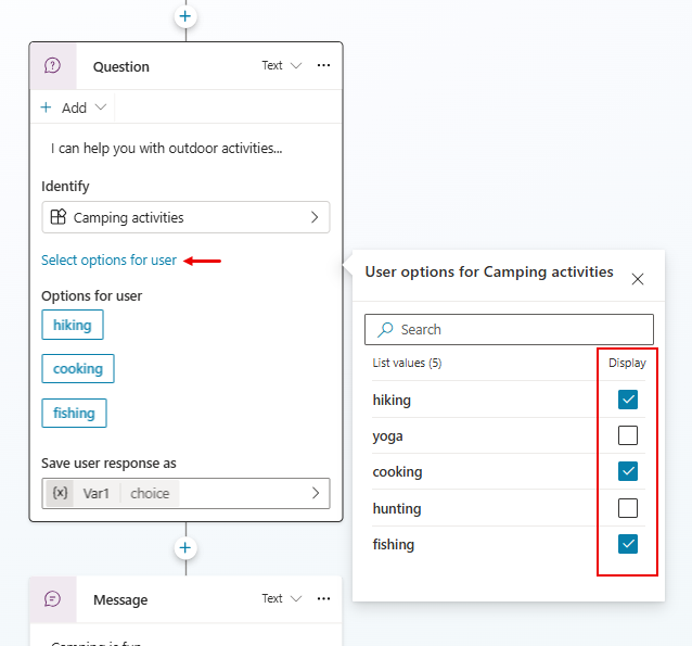 Captura de tela que mostra uma seleção de valores de entidade a serem mostrados como botões em runtime.