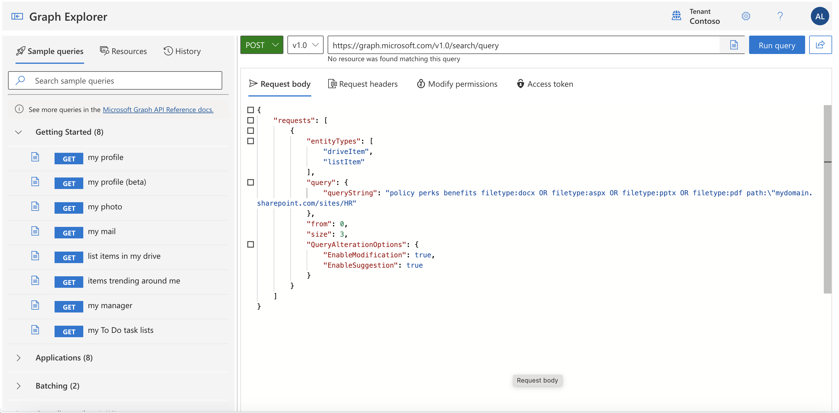 Captura de tela de uma consulta de pesquisa no Graph Explorer.