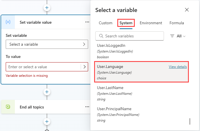 Tela mostrando um nó Definir variável definindo o valor da variável User.Language.