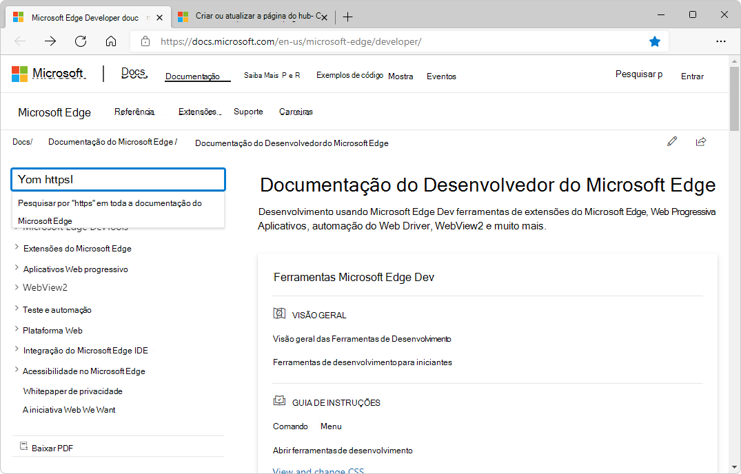 Se a palavra de título ou o termo de índice não for encontrado, é fornecida uma opção para procurar em texto completo toda a documentação do Microsoft Edge