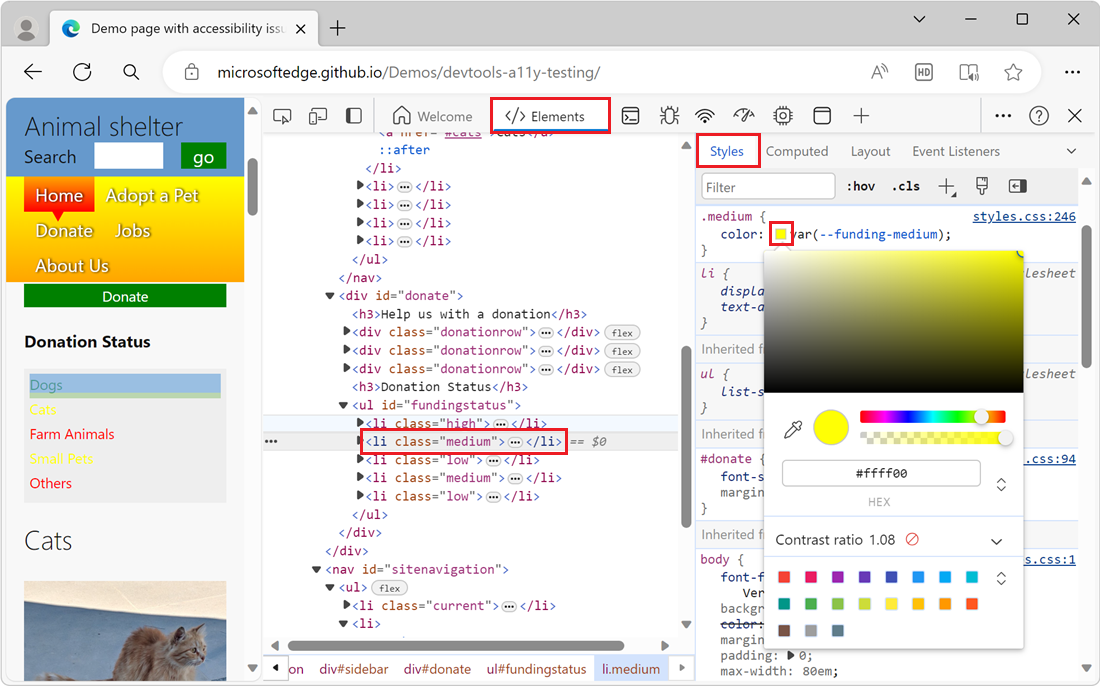 O seletor de cores, aberto na guia Estilos, ao lado da propriedade color do elemento