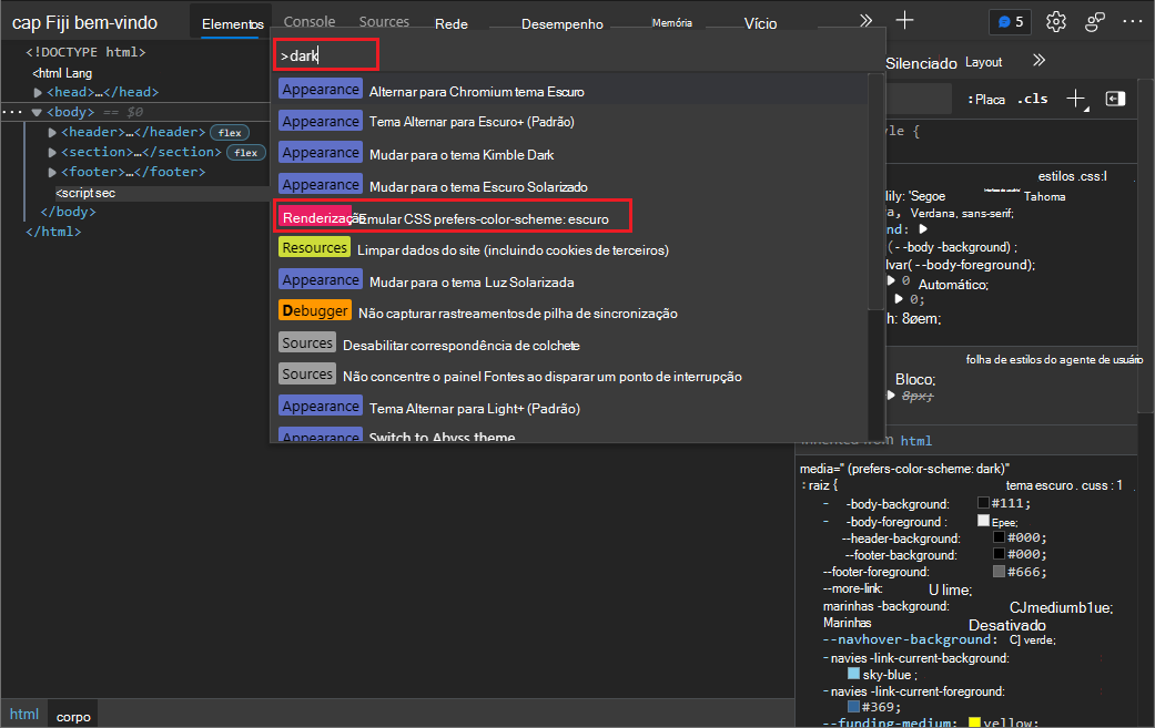 Emulando o modo escuro ou claro usando os comandos 'Renderização: Emular comandos CSS prefers-color-scheme' no Menu de Comando