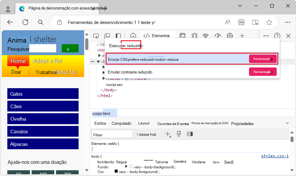 A opção Emular CSS prefere movimento reduzido no menu Comando