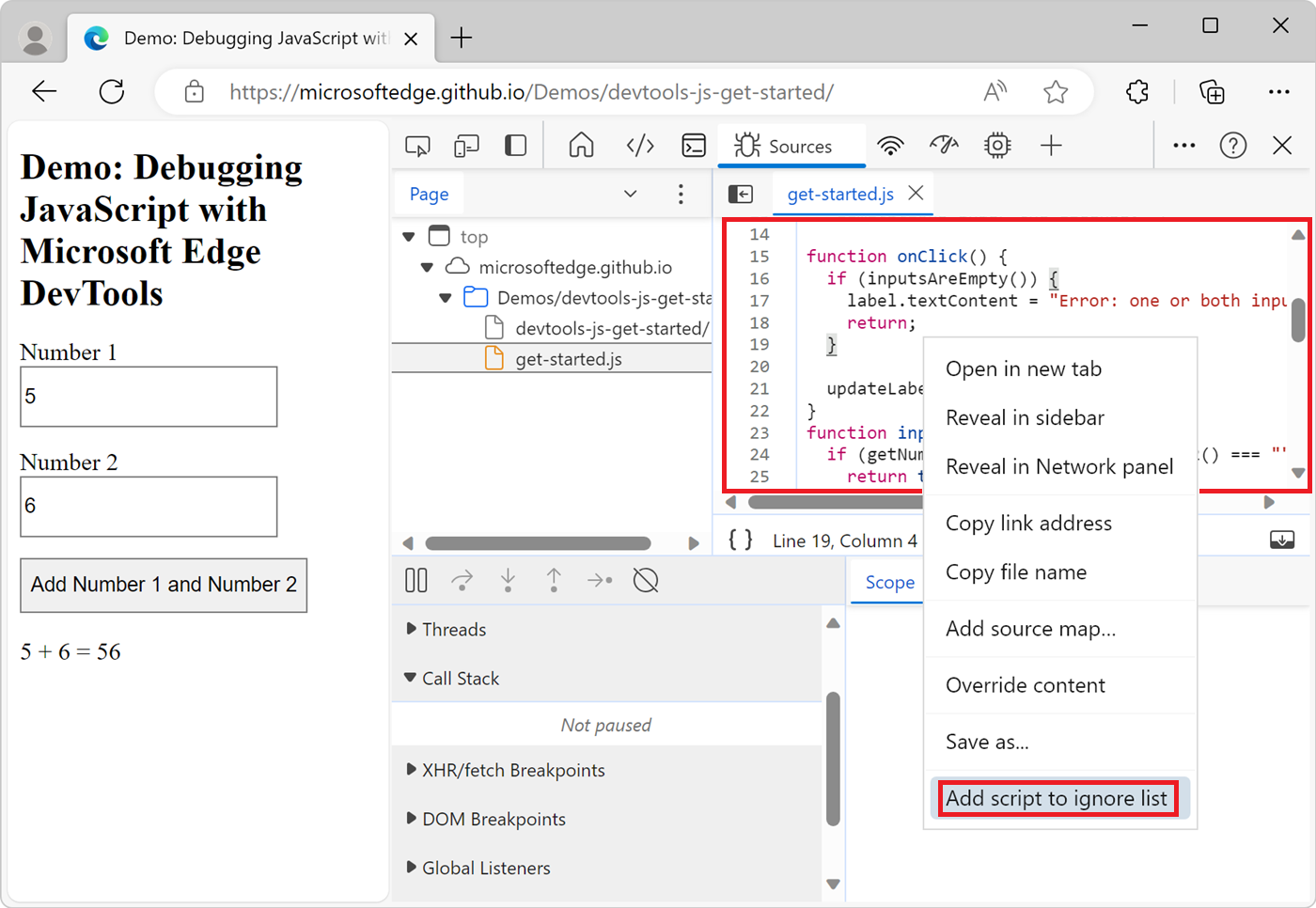 Adicionar um script à Lista Ignorar a partir do painel Editor